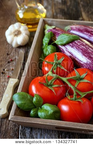 Composition with vegetables: Healthy and delicious graffiti eggplants tomatoes garlic and olive oil