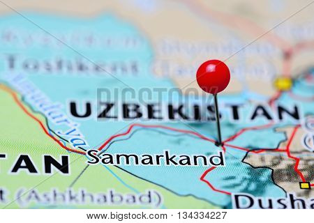 Samarkand pinned on a map of Uzbekistan