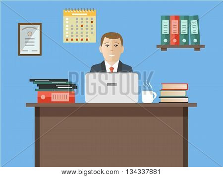 Web banner of an office worker. The man is an employee at work. Vector flat illustration