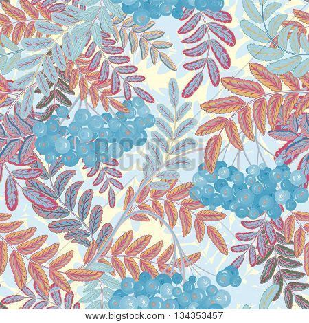 Vector seamless pattern with berries. Blue berries bunch and blue pink leaves on a white Background