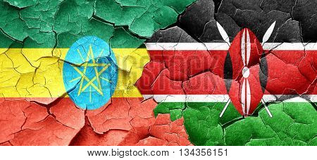 Ethiopia flag with Kenya flag on a grunge cracked wall
