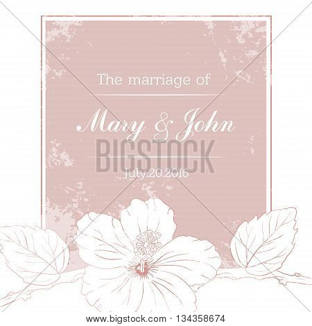 Marriage design template with custom names in square floral frame. wedding invitation. hibiscus. white and pink background