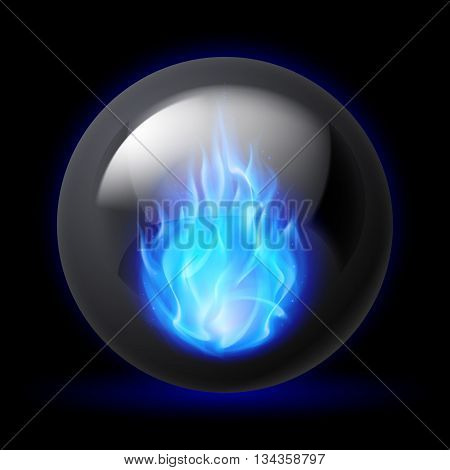 Black sphere with blue fire flames inside on dark background