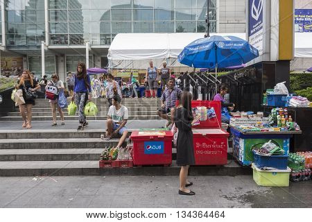 BANGKOK THAILAND - MAY 22 : street stall in front of Central World in Ratchaprasong area on may 22 2016 thailand. Ratchaprasong is one of is famous landmark of Bangkok