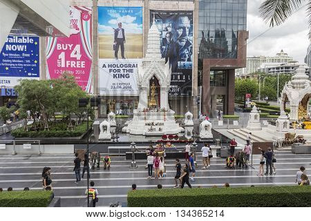 BANGKOK THAILAND - MAY 22 : Trimurati shrine at Central world in Ratchaprasong area on may 22 2016. Thailand. thare are many shrine gods in Ratchaprasong area