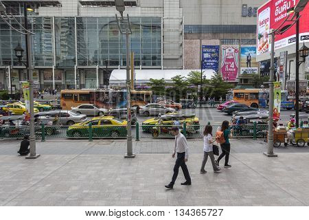BANGKOK THAILAND - MAY 22 : people on pedestrian in Ratchaprasong area on may 22 2016 thailand. Ratchaprasong is one of is famous landmark of Bangkok
