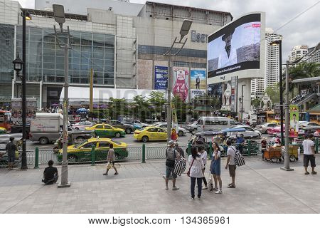 BANGKOK THAILAND - MAY 22 : people on pedestrian in front of Big C Supercenter in Ratchaprasong area on may 22 2016 thailand. Ratchaprasong is one of is famous landmark of Bangkok