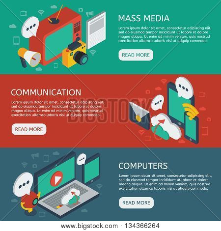 Media isometric horizontal banners set with mass communication cloud service and online discussions computers isolated vector illustration