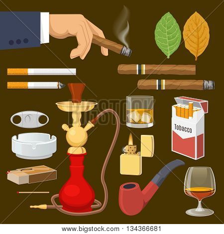 Smoking tobacco decorative icons set with cigarettes hookah cigars alcohol lighter on brown background isolated vector illustration