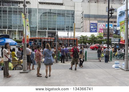 BANGKOK THAILAND - MAY 22 : unidentified people at bus stop in front of Big C Supercenter in Ratchaprasong area on may 22 2016 thailand. Ratchaprasong is one of is famous landmark of Bangkok