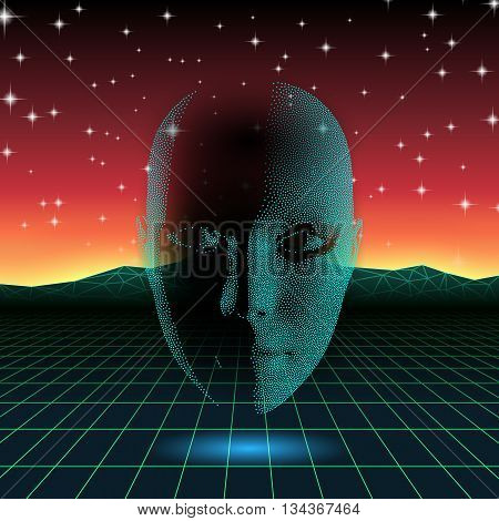 Retro wave shiny head silhouette over neon landscape