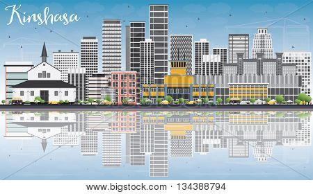 Kinshasa Skyline with Gray Buildings, Blue Sky and Reflections. Business Travel and Tourism Concept with Historic Buildings. Image for Presentation Banner Placard and Web Site.