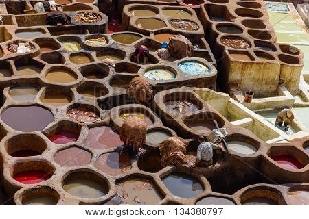 FES MOROCCO - OCTOBER 27 2015: the tanneries in the old medina of Fes after the recent works of restoration