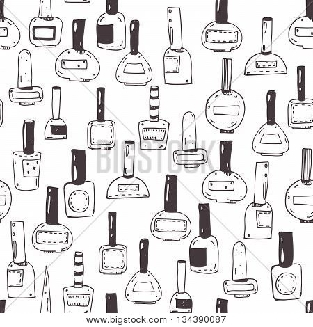 Seamless vector pattern with nail polish bottles black and white. Handdrawn cute doodles in various shapes and caps. Illustration hand drawn with ink fun good for beauty shops or beauty salons