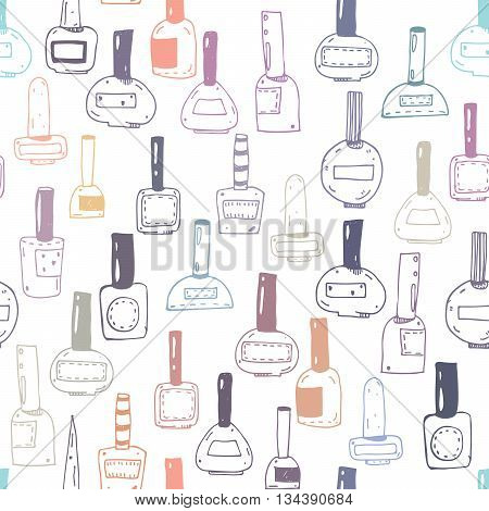 Seamless vector pattern with nail polish bottles colorful on white. Handdrawn cute doodles in various shapes and caps. Illustration hand drawn with ink fun good for beauty shops or beauty salons
