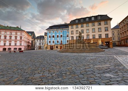 OLOMOUC, CZECH REPUBLIC - JUNE 05, 2016: Main square in the old town of Olomouc, Czech Republic on June 05, 2016.