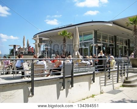 Hamburg Germany - May 22 2008: Cafe Alex Hamburg Alsterpavillion at Jungfernstieg with people on terrace