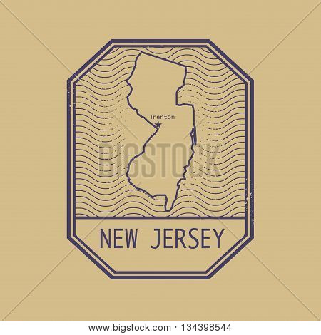 Stamp with the name and map of New Jersey, United States, vector illustration