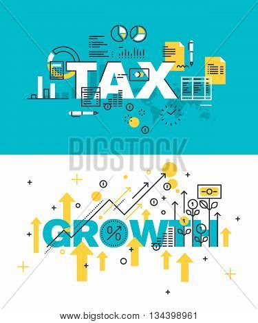 Set of modern vector illustration concepts of words tax and growth. Thin line flat design banners for website and mobile website, easy to use and highly customizable.