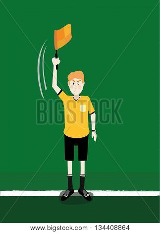 vector illustatration cartoon of soccer assistant referee linesman flag off side signals in action