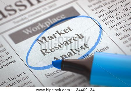 Market Research Analyst - Vacancy in Newspaper, Circled with a Blue Marker. Blurred Image. Selective focus. Concept of Recruitment. 3D Illustration.
