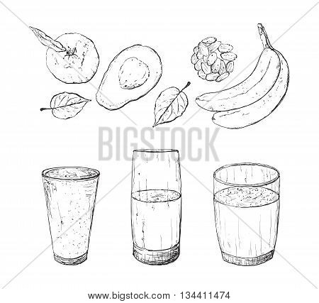 Vector illustration of vegan detox smoothie. Healthy drink made of avokado, nuts. banana, berries and mint.