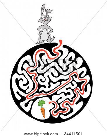 Maze puzzle for kids with rabbit and carrot. Labyrinth illustration, solution included.