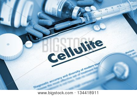 Cellulite, Medical Concept with Pills, Injections and Syringe. Cellulite, Medical Concept with Selective Focus. 3D.