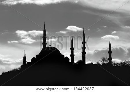 Silhouettes of Sultan Suleiman Mosque in Istanbul Turkey