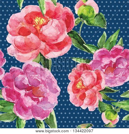 Summer Vintage Seamless Pattern With Pions Flowers And Leaves In Boho Style, Natural Greeting Card