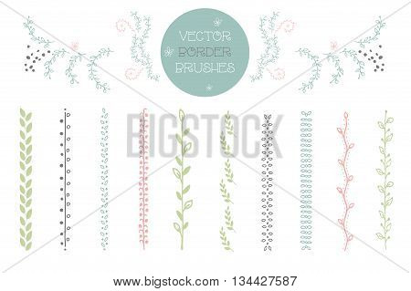 Set of 10 vector Brushes includes hand drawn floral decorative seamless brushes. Geometric border brushes with outer and inner corner tiles. Vector illustration