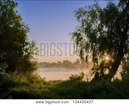 Misty dawn on the river in Krasnodar Krai