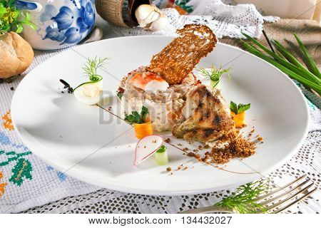 Salad with King Red Crab and Vegetables. Garnished with Grilled Wachtel