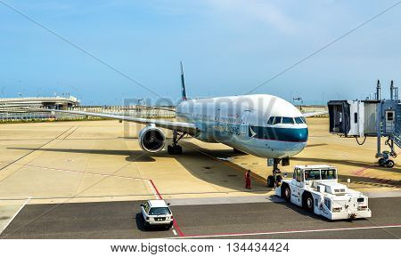 Osaka, Japan - May 14, 2016: Cathay Pacific aircraft in Kansai International Airport. Cathay Pacific is the flag carrier of Hong Kong