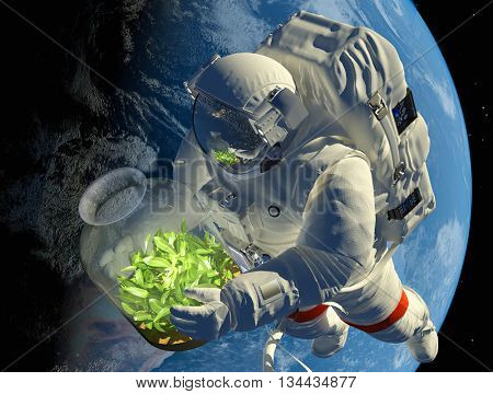 Astronaut with seedlings on the background of the planet.