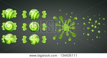 Green kiwi candy with splash animation set