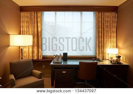 NEW YORK, USA - CIRCA MARCH, 2016: inside of the Sheraton Hotel. Sheraton Hotels and Resorts is Starwood Hotels and Resorts Worldwide's largest and second oldest brand