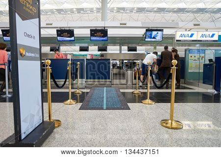 HONG KONG - MAY 12, 2016: design of Etihad check in counters at Terminal 1 of Hong Kong Airport. Etihad Airways is a flag carrier and the second-largest airline of the United Arab Emirates.
