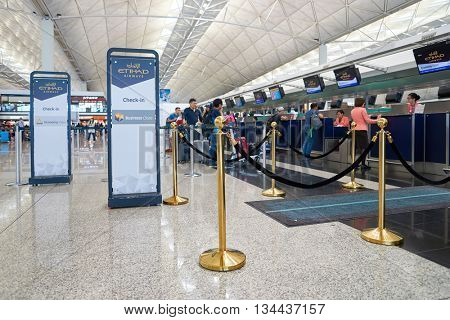 HONG KONG - MAY 12, 2016: design of Etihad check in counters at Terminal 1 of Hong Kong Airport. Etihad Airways is a flag carrier and the second-largest airline of the United Arab Emirates.