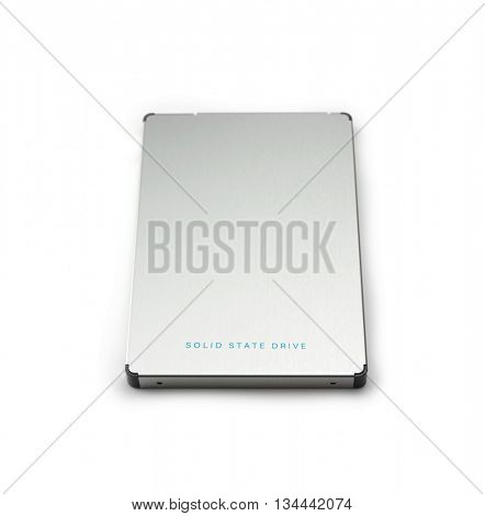 SSD or Solid State Drive used in most recent computers isolated on white. Silver SSD drive with blue lettering. Focus on front edge.