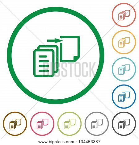 Set of move file color round outlined flat icons on white background
