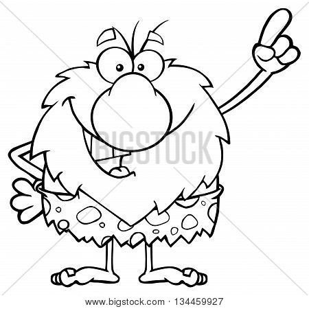 Black And White Smiling Male Caveman Cartoon Mascot Character Pointing