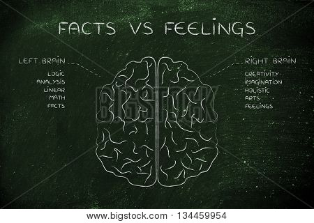 Left And Right Brain With Function Descriptions, Facts Vs Feelings