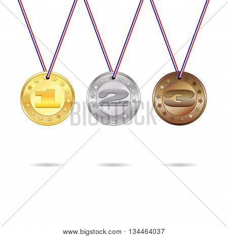 Medals for first, second and third place with lored ribbons