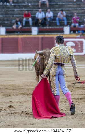 Andujar Spain - September 10 2011: The Spanish Bullfighter David Valiente bullfighting with the crutch in the Bullring of Andujar Spain