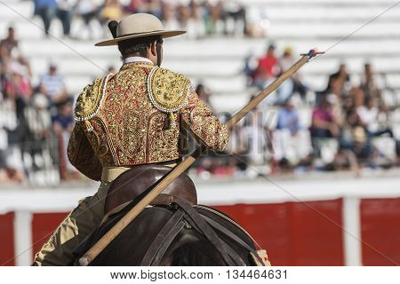 Pozoblanco Spain - September 24 2011: Picador bullfighter lancer whose job it is to weaken bull's neck muscles in the bullring for Jaen Spain