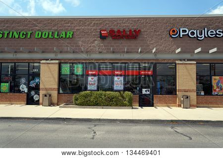 SHOREWOOD, ILLINOIS / UNITED STATES - AUGUST 16, 2015: One may purchase beauty products at Sally Beauty Supply, in a Shorewood strip mall.