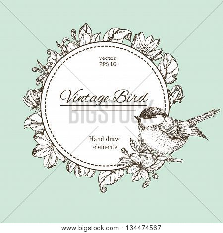 wreath with flowers and bird. Vector vintage round frame with birds and flowers. Floral wreath. Black and white. Fit for wedding card invitation greetings.