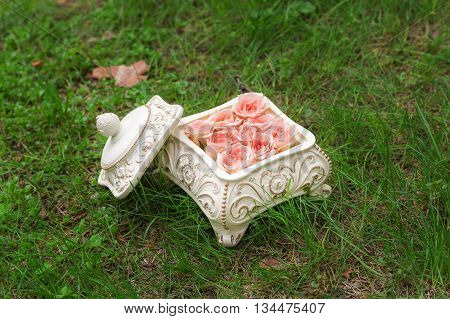 Pink roses in a ceramic box on the grass