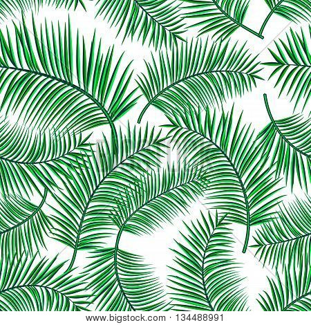 Retro vector illustration of exotic tropical seamless pattern with cartoon palm leaves isolated on white background. Trendy plant endless backdrop. Use for print web
